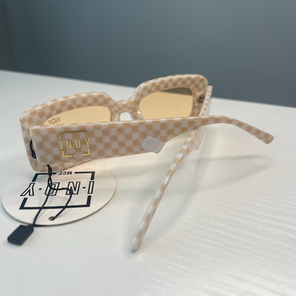 Indy Peach Cream Checkerboard Rectangular Sunglas… - image 3